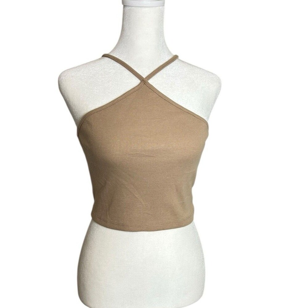 Zara Halter Neck Crop Top Size Large Tan Beige Ribbed Knit NEW Without Tags